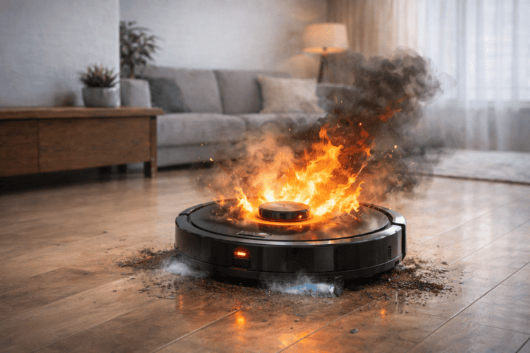 Simulatie van een robotstofzuiger die in brand staat