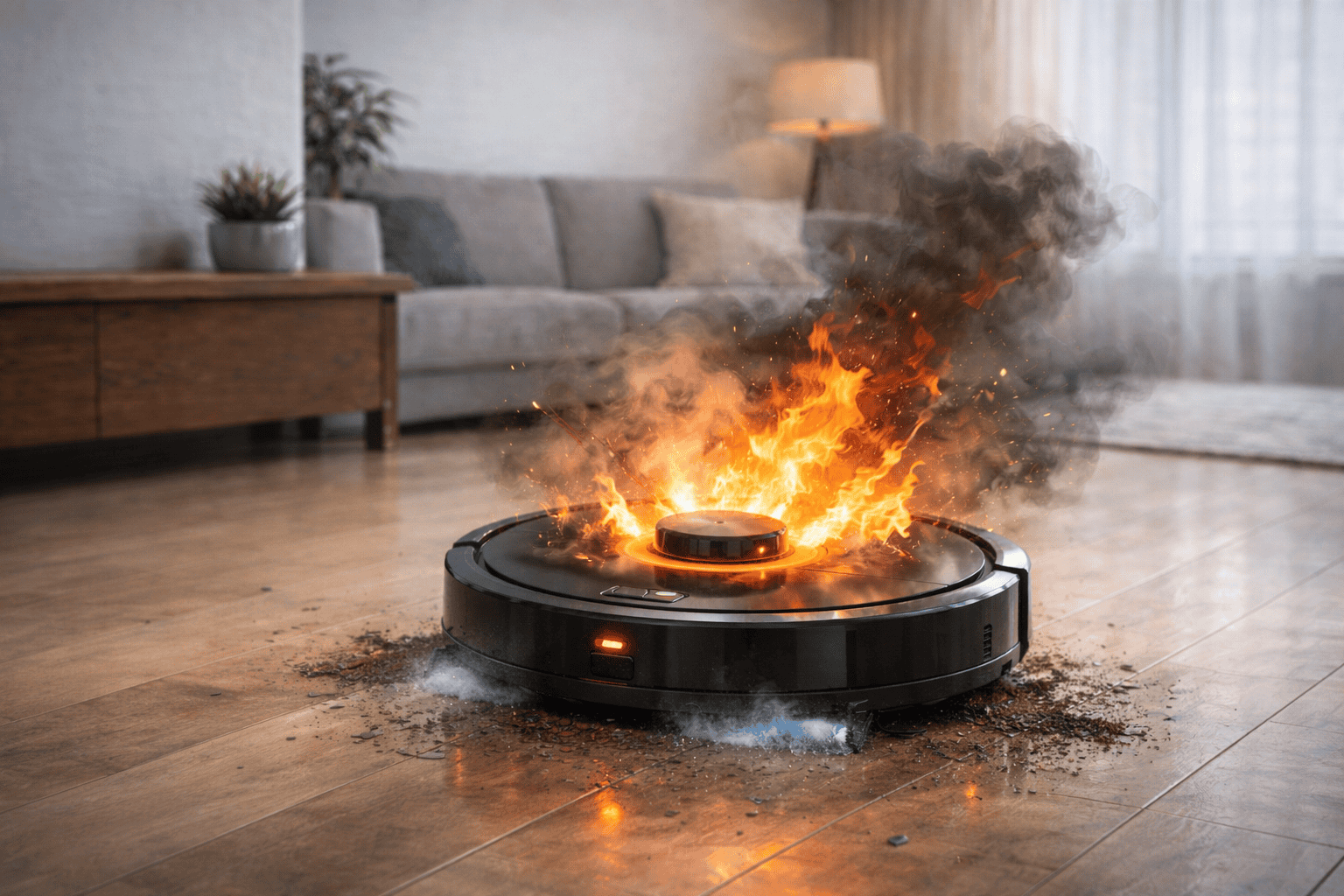 Simulatie van een robotstofzuiger die in brand staat