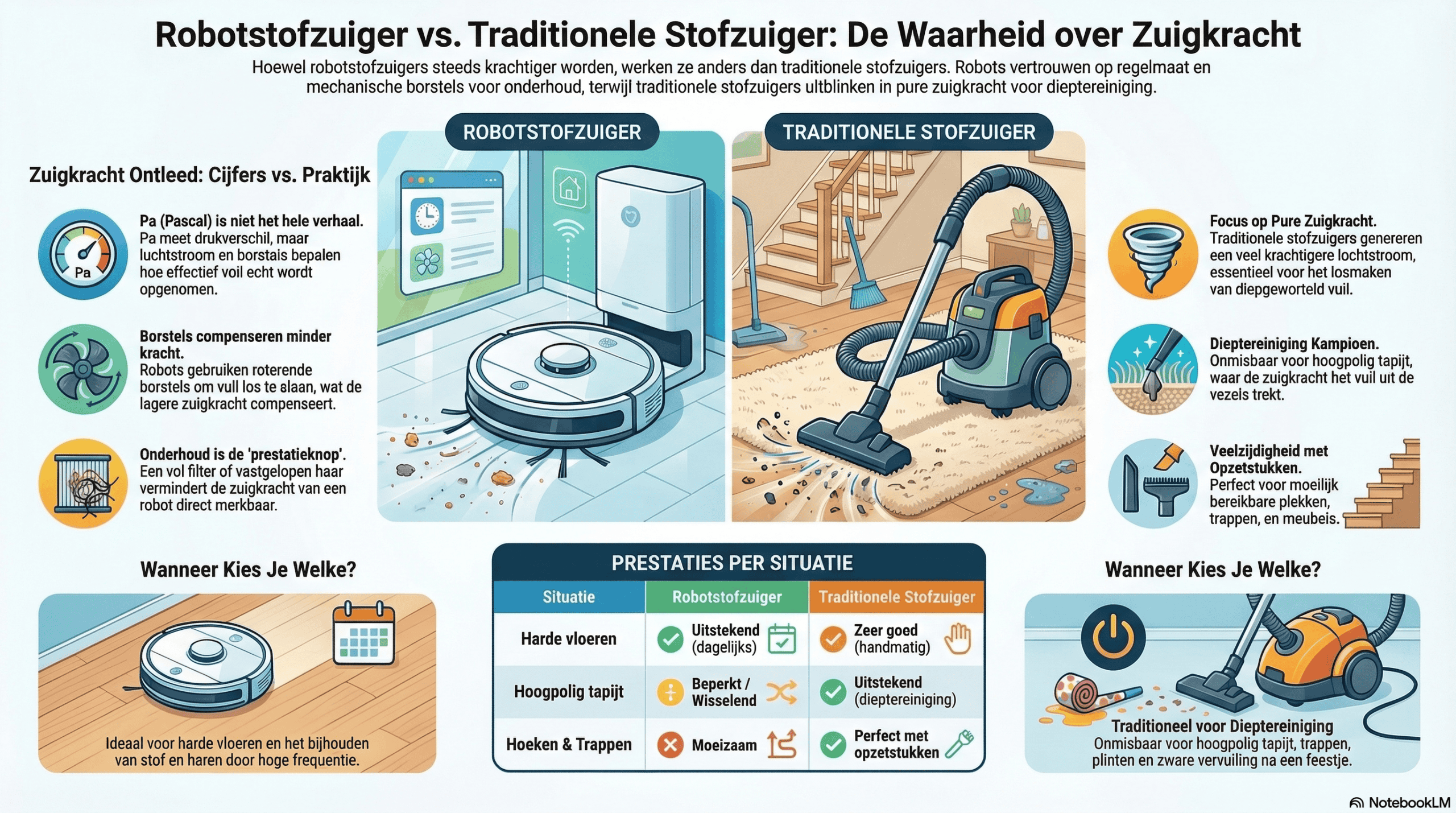 Infographic: Zuigkracht Robotstofzuiger vs Tradtionele stofzuiger